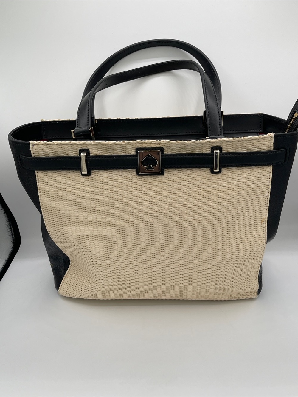 kate spade Natural Straw Houston Street Leo  Cream & Black Top-Handle Tote COA